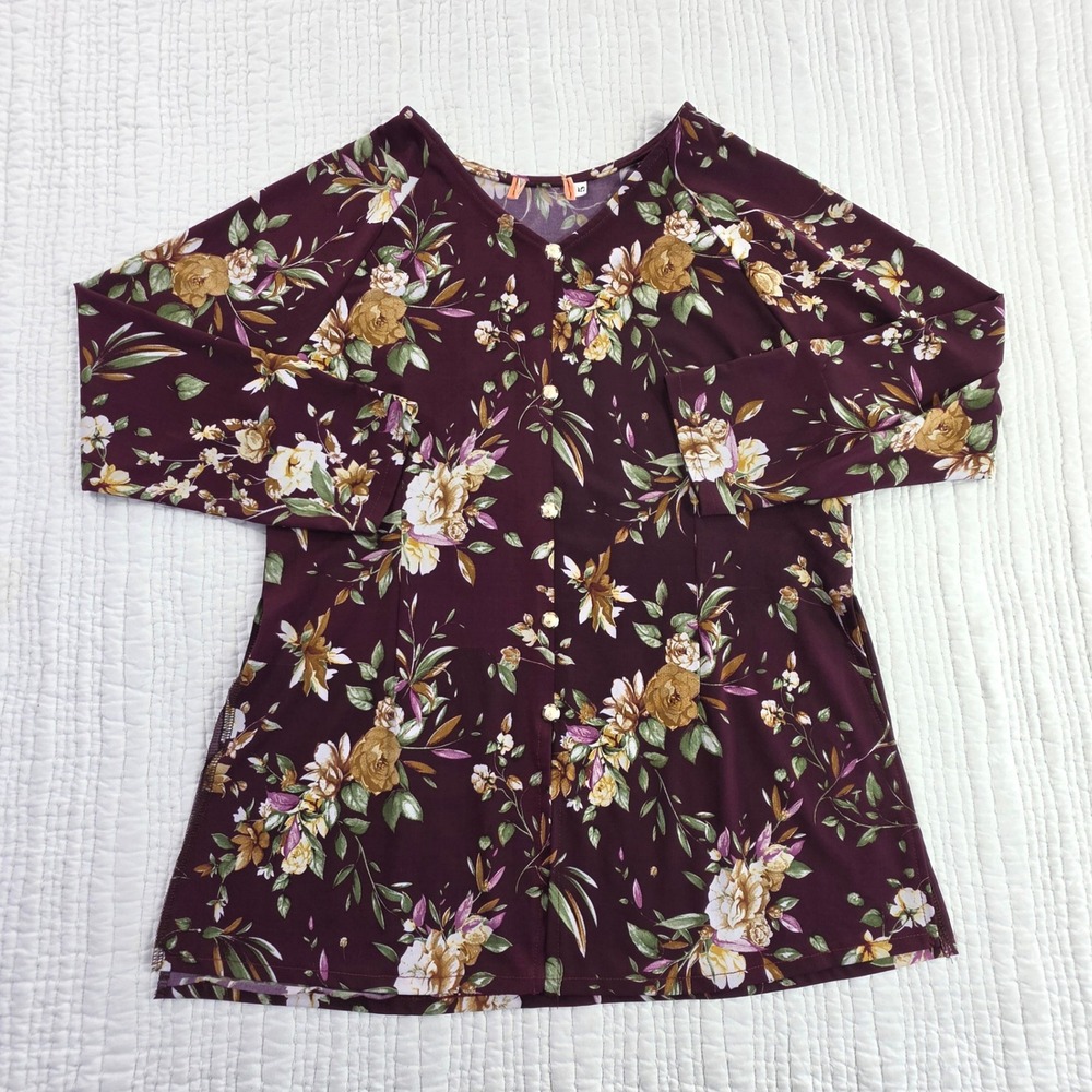 Floral Button Front Cardigan Top Burgundy Wine Long Sleeve V-Neck Blouse Sz 5